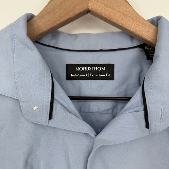 Nordstrom Tech Smart Dress Shirt Men 15.5 Blue Cotton Extra Trim Fit Barrel Cuff - Picture 3 of 6